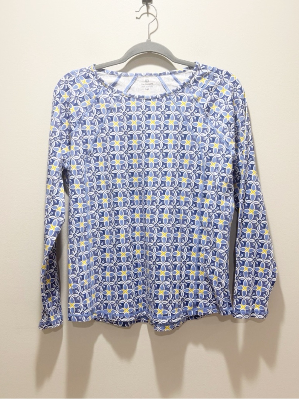 Talbots Blue/Yellow Floral Medallion Geo Print Long Sleeve Cotton Modal Top LP